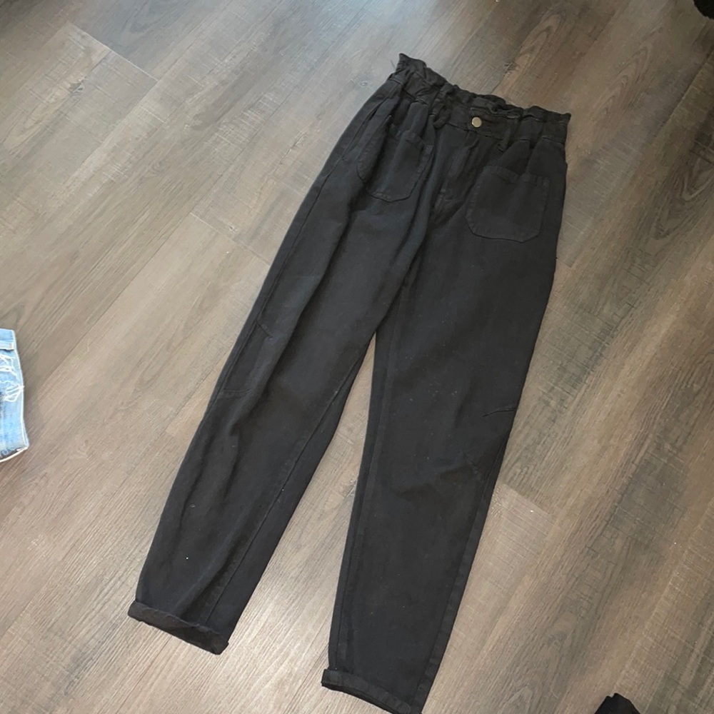 High waisted black jeans with ruffle at waist